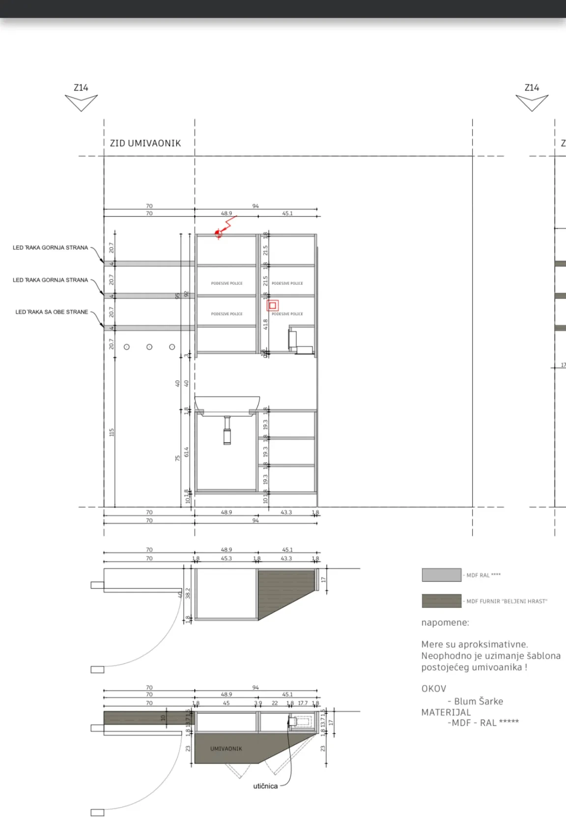 Tehnički plan kupatilskog elementa od farbanog MDF-a i furniranog beljenog hrasta